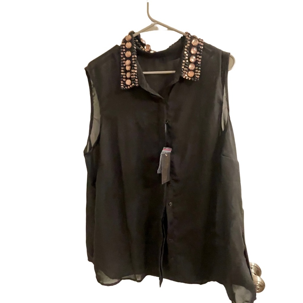 Ali & Kris NWT 2x Embellished Black Sleeveless sheer Top measurements in pics